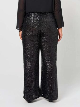 Büyük Beden İspanyol Paça Beli Lastikli Payet Siyah Pantolon (40–62) - Angelino Butik (1)