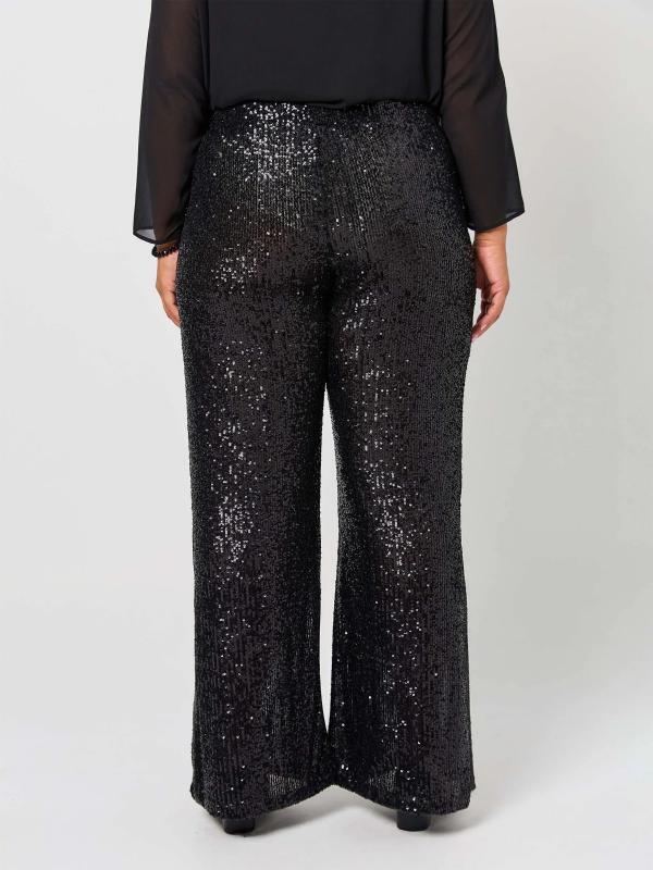 Büyük Beden İspanyol Paça Beli Lastikli Payet Siyah Pantolon (40–62) ND4029 - 2