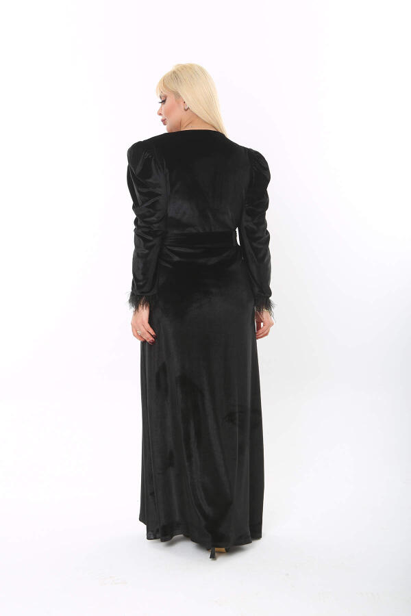 Büyük Beden Kadife Tüy Kol Detaylı Elbise Siyah 8085 - 10