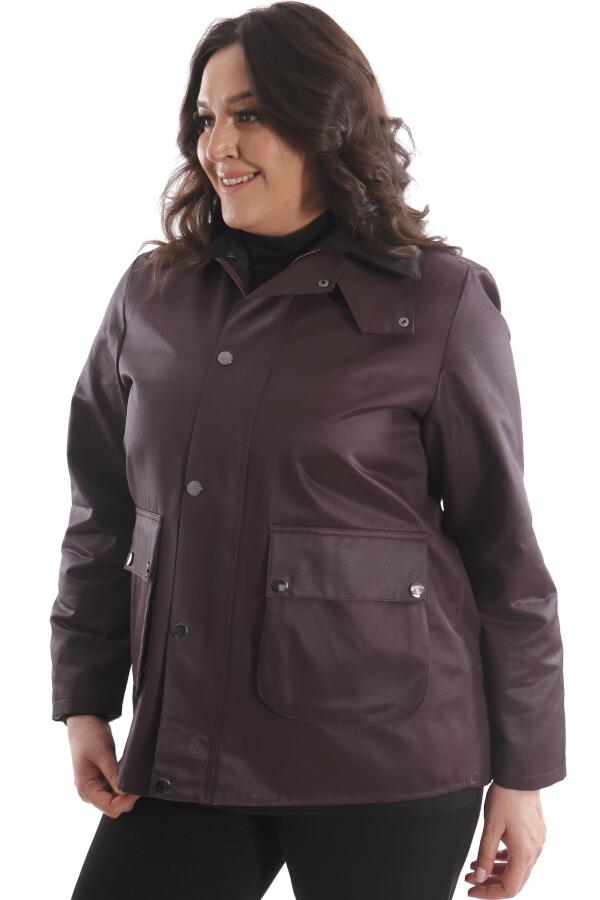 Büyük Beden Kadife Yakalı Çıt Çıt Düğme Detaylı Bordo Kaban - 5