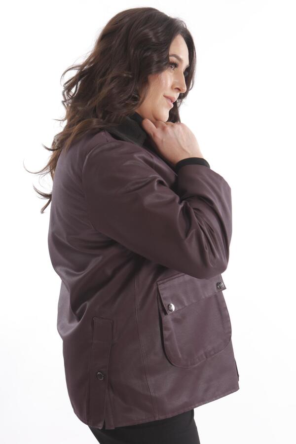 Büyük Beden Kadife Yakalı Çıt Çıt Düğme Detaylı Bordo Kaban - 6