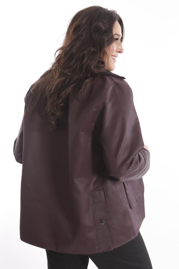 Büyük Beden Kadife Yakalı Çıt Çıt Düğme Detaylı Bordo Kaban - 7