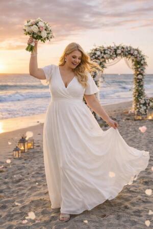 Büyük Beden Beyaz Kloş Tül Pelerin Kollu Nikah ve Dış Çekim Elbisesi KL3051 - Angelino Butik