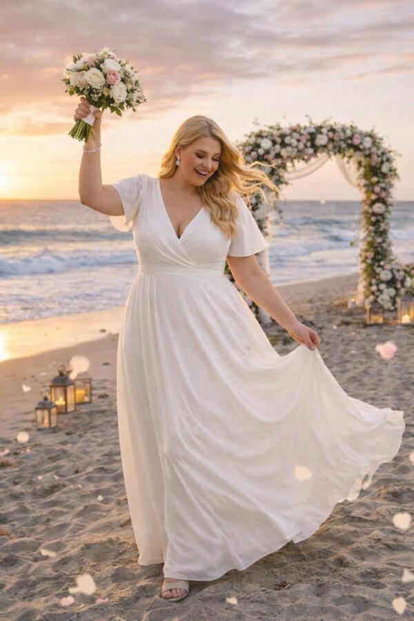 Büyük Beden Beyaz Kloş Tül Pelerin Kollu Nikah ve Dış Çekim Elbisesi KL3051 - 1