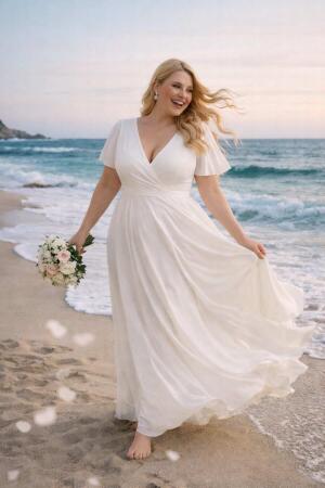 Büyük Beden Beyaz Kloş Tül Pelerin Kollu Nikah ve Dış Çekim Elbisesi KL3051 - Angelino Butik (1)