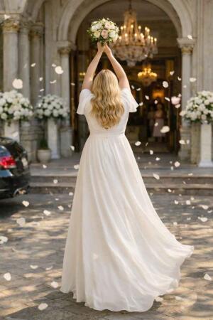 Büyük Beden Beyaz Kloş Tül Pelerin Kollu Nikah ve Dış Çekim Elbisesi KL3051 - 3