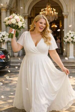 Büyük Beden Beyaz Kloş Tül Pelerin Kollu Nikah ve Dış Çekim Elbisesi KL3051 - 4