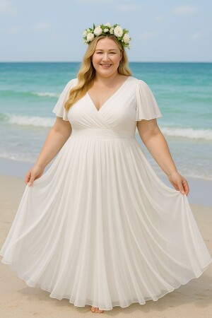 Büyük Beden Kadın Beyaz Pelerin Kollu Kloş Tül Nikah ve Dış Çekim Elbisesi KL3051 - Angelino Butik (1)