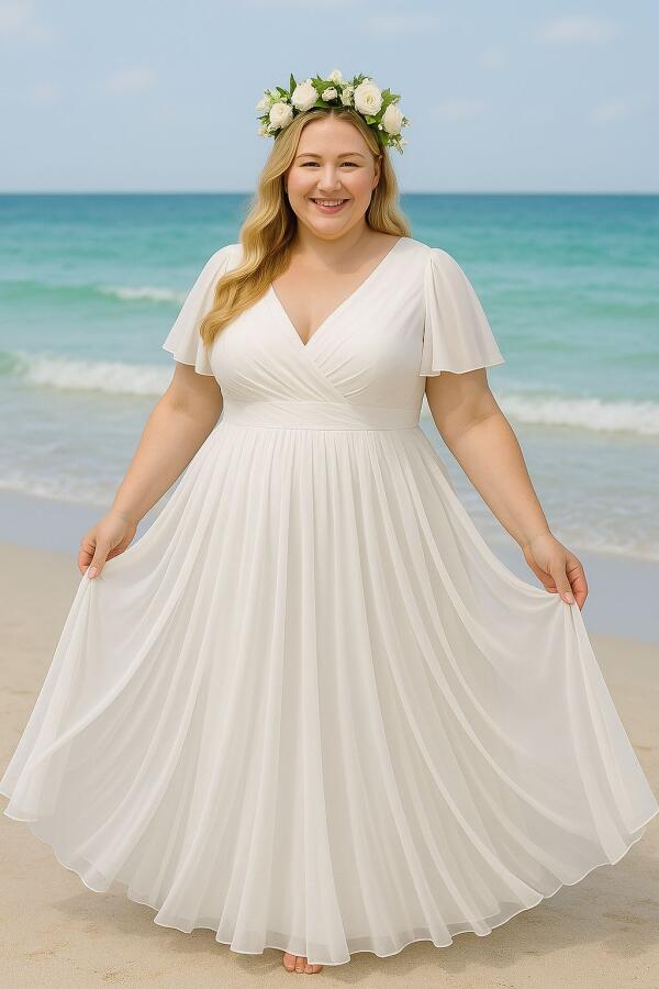 Büyük Beden Kadın Beyaz Pelerin Kollu Kloş Tül Nikah ve Dış Çekim Elbisesi KL3051 - 2