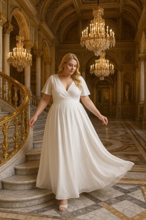 Büyük Beden Kadın Beyaz Pelerin Kollu Kloş Tül Nikah ve Dış Çekim Elbisesi KL3051 - Angelino Butik