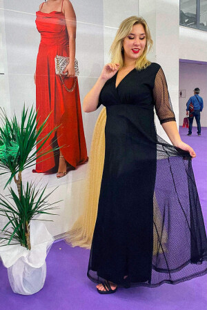 Büyük Beden Kadın Puantiyeli Tül Detaylı Siyah Abiye Elbise KL832PU - 2