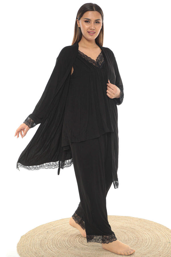 Büyük Beden Kadın Siyah Dantelli İp Askılı Örme Sabahlık+Pijama Takımı 3 Parça TKA - 4