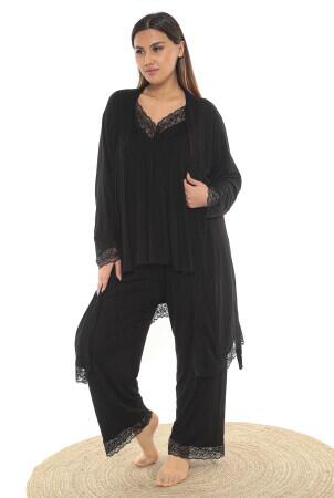 Büyük Beden Kadın Siyah Dantelli İp Askılı Örme Sabahlık+Pijama Takımı 3 Parça TKA - Angelino Butik