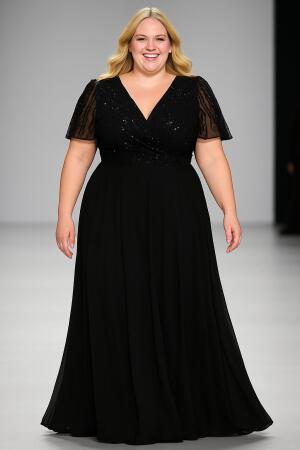 Büyük Beden Kadın V Yaka Kısa Kollu Büyük Beden Uzun Abiye Elbise ND4026 - 1