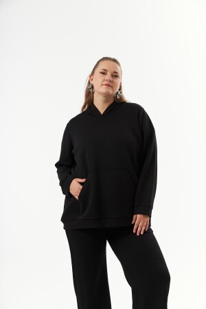 Büyük Beden Kanguru Cepli Modal Sweatshirt Siyah - 1