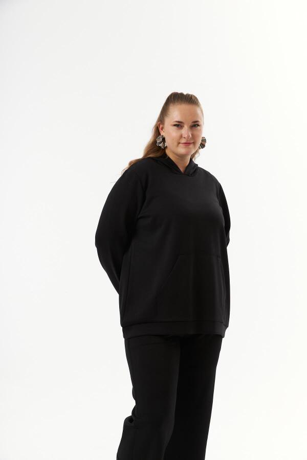 Büyük Beden Kanguru Cepli Modal Sweatshirt Siyah - 2