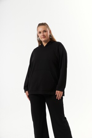 Büyük Beden Kanguru Cepli Modal Sweatshirt Siyah - 3