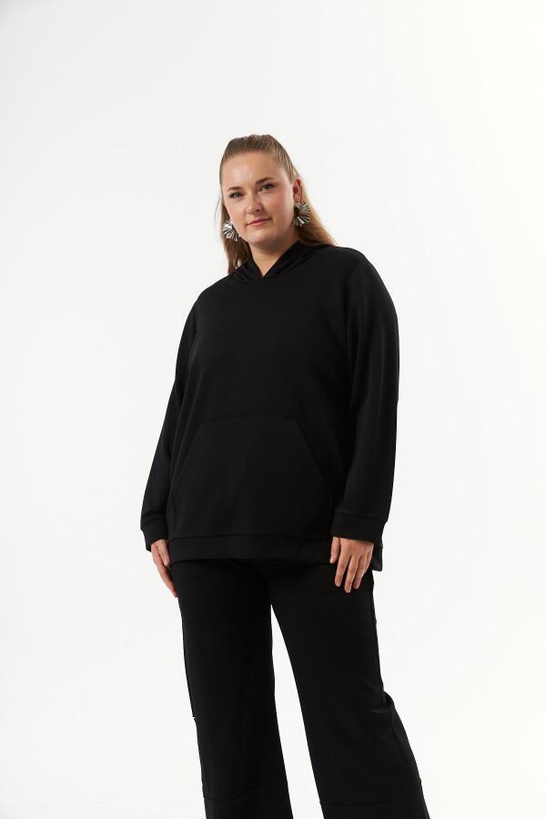 Büyük Beden Kanguru Cepli Modal Sweatshirt Siyah - 3