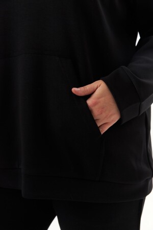 Büyük Beden Kanguru Cepli Modal Sweatshirt Siyah - 4