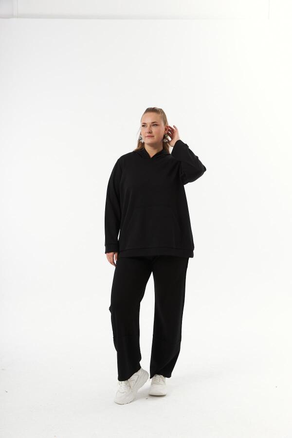 Büyük Beden Kanguru Cepli Modal Sweatshirt Siyah - 5