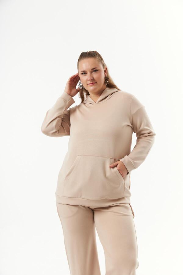 Büyük Beden Kanguru Cepli Modal Sweatshirt Vizon - 1