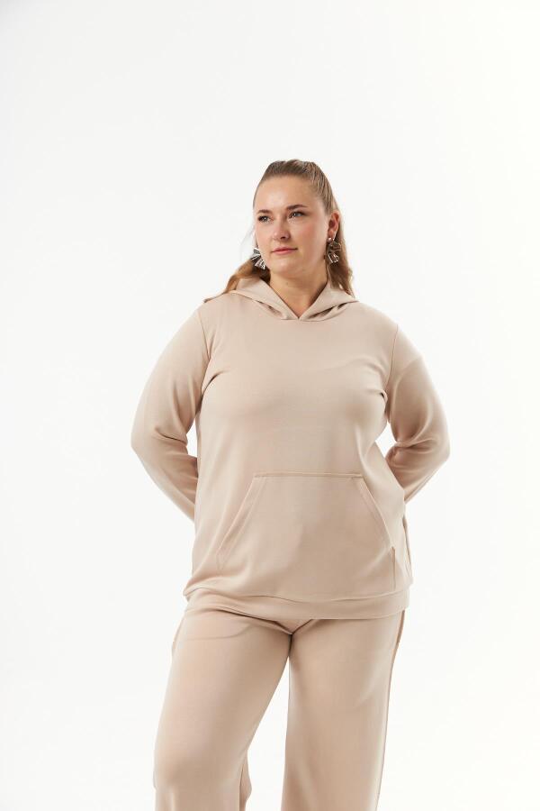 Büyük Beden Kanguru Cepli Modal Sweatshirt Vizon - 2
