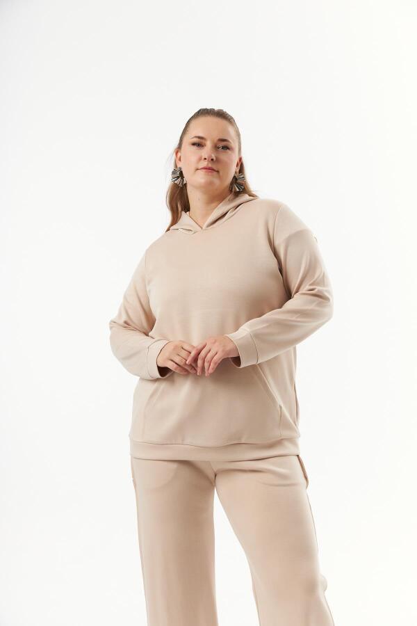 Büyük Beden Kanguru Cepli Modal Sweatshirt Vizon - 3