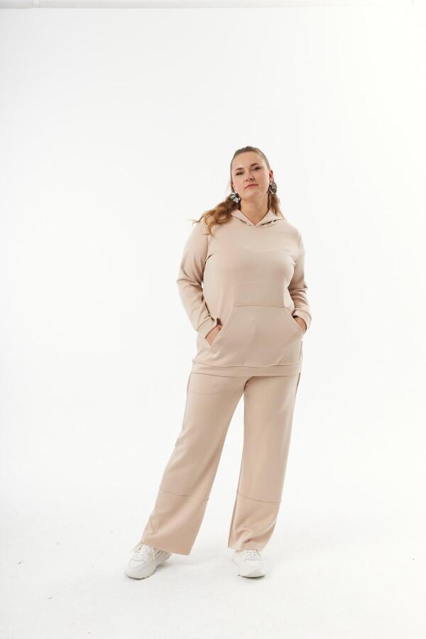 Büyük Beden Kanguru Cepli Modal Sweatshirt Vizon - 4
