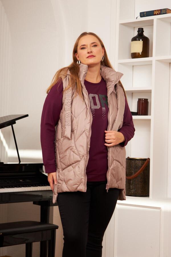 Büyük Beden Kapitone Kapüşonlu Yelek Vizon - 1