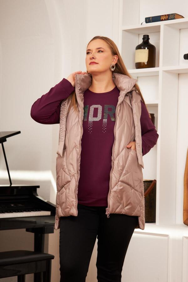 Büyük Beden Kapitone Kapüşonlu Yelek Vizon - 3