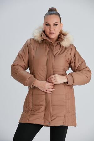 Büyük Beden Kapşonlu Taba Mont - 6