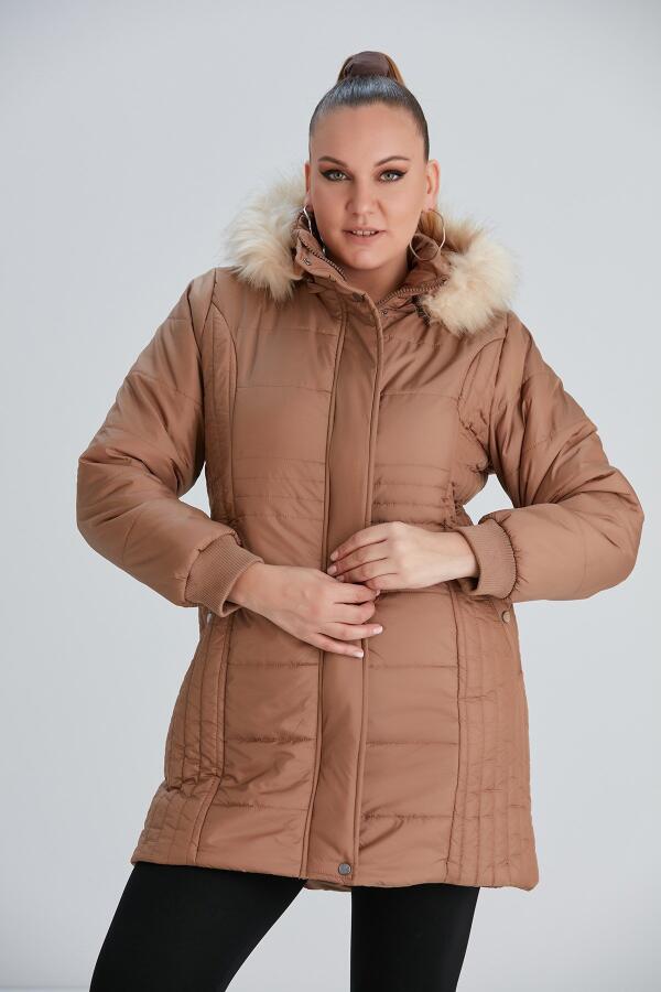 Büyük Beden Kapşonlu Taba Mont - 6