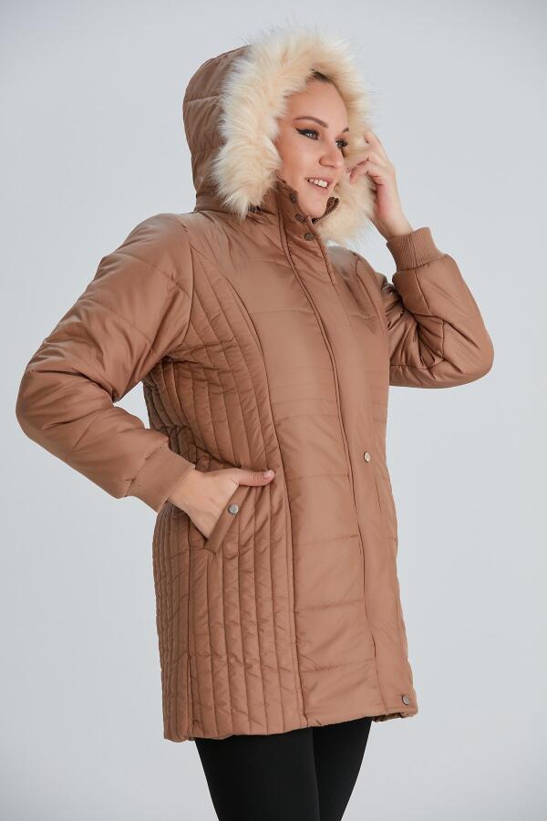 Büyük Beden Kapşonlu Taba Mont - 8