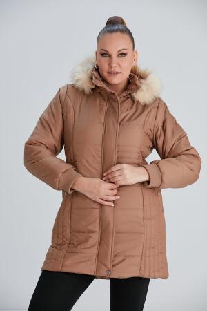 Büyük Beden Kapşonlu Taba Mont - RMG