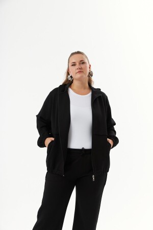 Büyük Beden Kapüşon ve Fermuarlı Modal Sweatshirt Siyah - 1