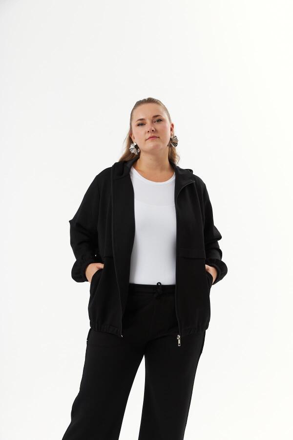Büyük Beden Kapüşon ve Fermuarlı Modal Sweatshirt Siyah - 1