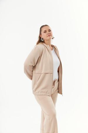 Büyük Beden Kapüşon ve Fermuarlı Modal Sweatshirt Vizon - RMG (1)