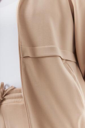 Büyük Beden Kapüşon ve Fermuarlı Modal Sweatshirt Vizon - 5