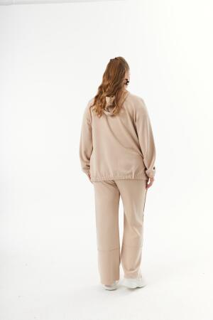 Büyük Beden Kapüşon ve Fermuarlı Modal Sweatshirt Vizon - 7