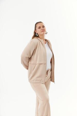 Büyük Beden Kapüşon ve Fermuarlı Modal Sweatshirt Vizon - 2