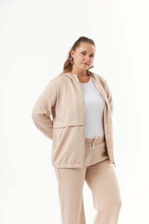 Büyük Beden Kapüşon ve Fermuarlı Modal Sweatshirt Vizon - 3