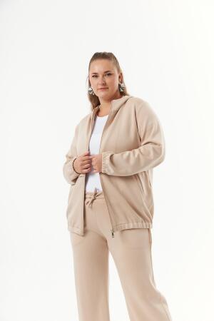 Büyük Beden Kapüşon ve Fermuarlı Modal Sweatshirt Vizon - 4