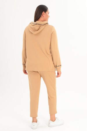 Trend42plus Büyük Beden Kapüşon Yaka Sweat Pantolon Bej Takım - 4