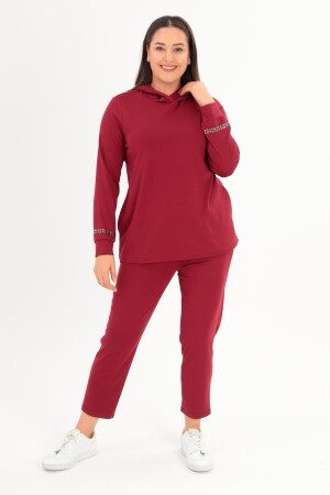 Trend42plus Büyük Beden Kapüşon Yaka Sweat Pantolon Bordo Takım - 1