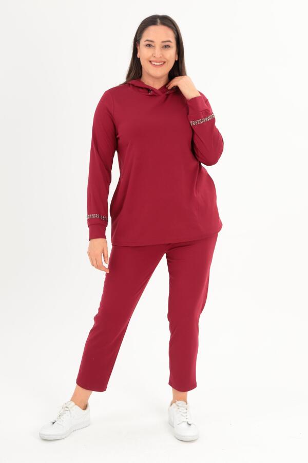 Trend42plus Büyük Beden Kapüşon Yaka Sweat Pantolon Bordo Takım - 1