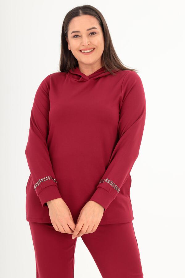 Trend42plus Büyük Beden Kapüşon Yaka Sweat Pantolon Bordo Takım - 2