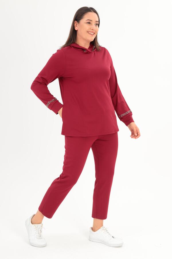 Trend42plus Büyük Beden Kapüşon Yaka Sweat Pantolon Bordo Takım - 3