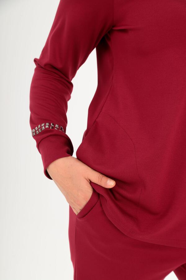 Trend42plus Büyük Beden Kapüşon Yaka Sweat Pantolon Bordo Takım - 4