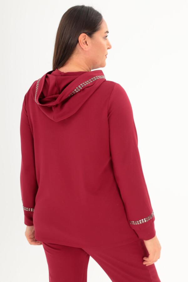 Trend42plus Büyük Beden Kapüşon Yaka Sweat Pantolon Bordo Takım - 5