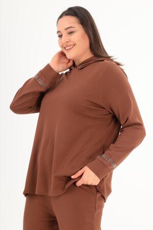 Büyük Beden Kapüşon Yaka Sweat Pantolon Kahverengi Takım - Angelino Moda (1)
